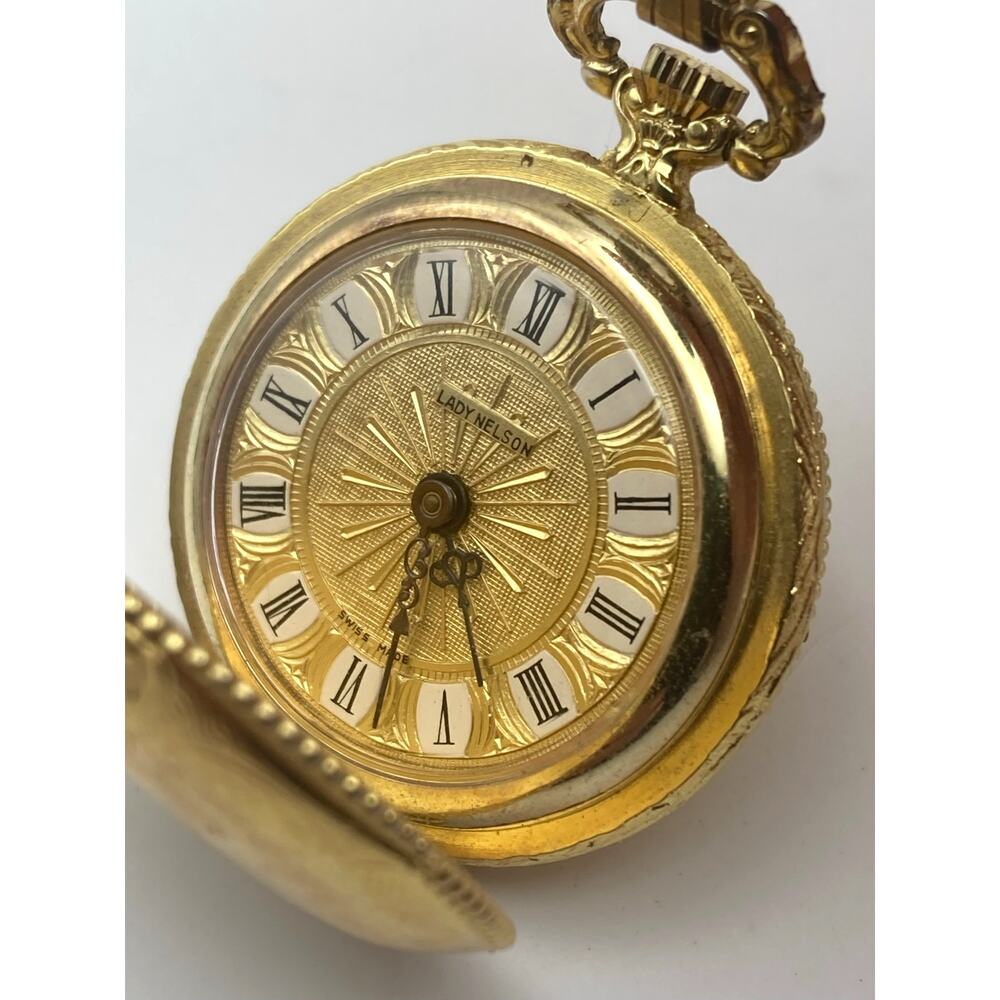 VTG Lady Nelson Swiss Mechanical Full Hunter Pocket Watch 33mm with Chain